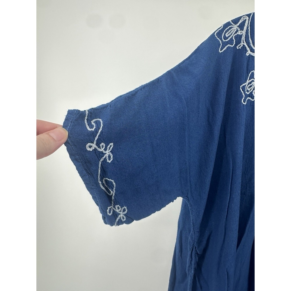 Blue Embroidered Boho Midi Dress Womens Loose Fit Caftan Peasant Beachy Flowy - Picture 4 of 9